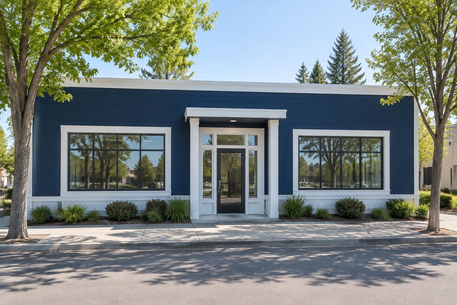 A freshly painted navy and white commercial building facade