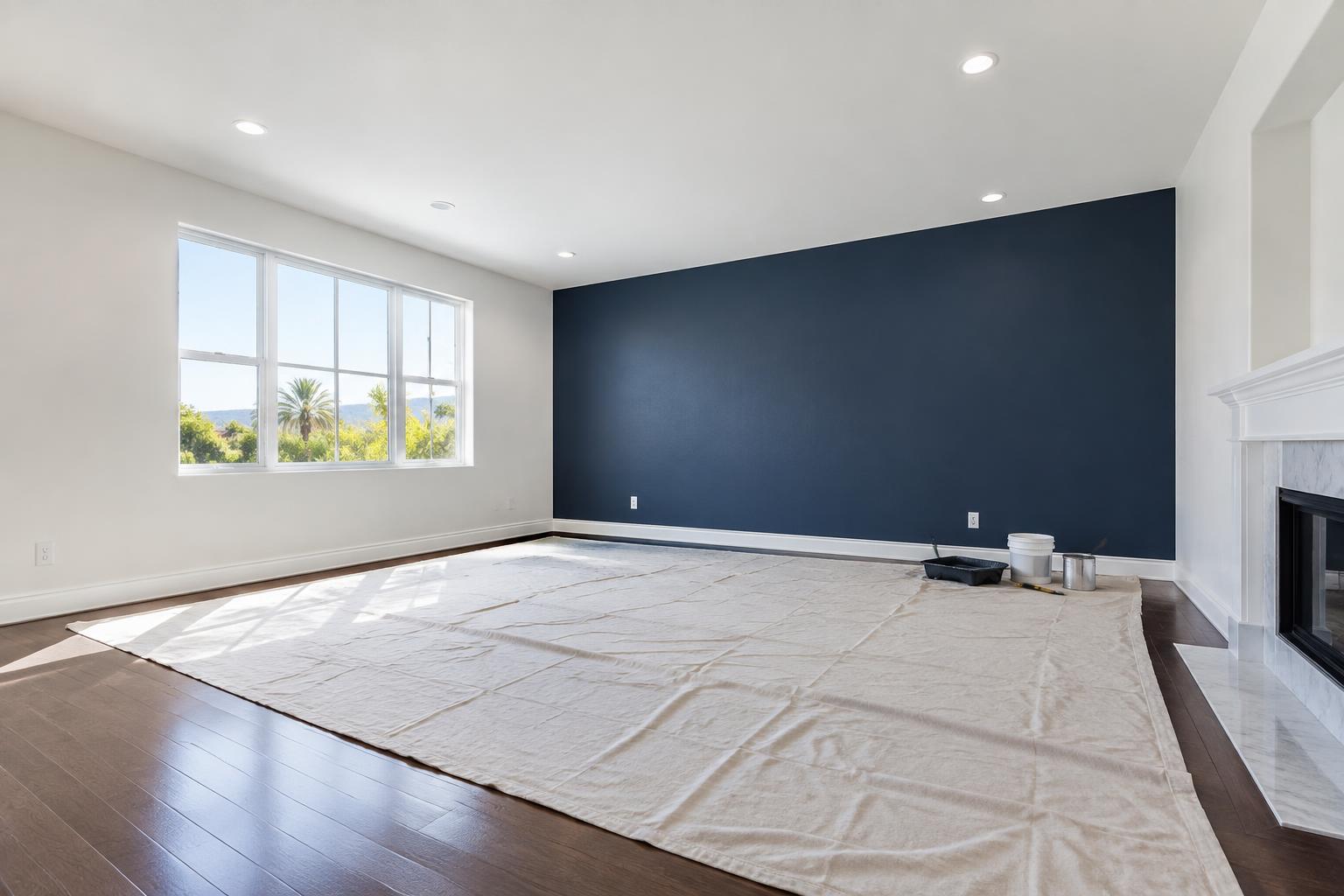 A sunlit living room with freshly painted white and navy walls